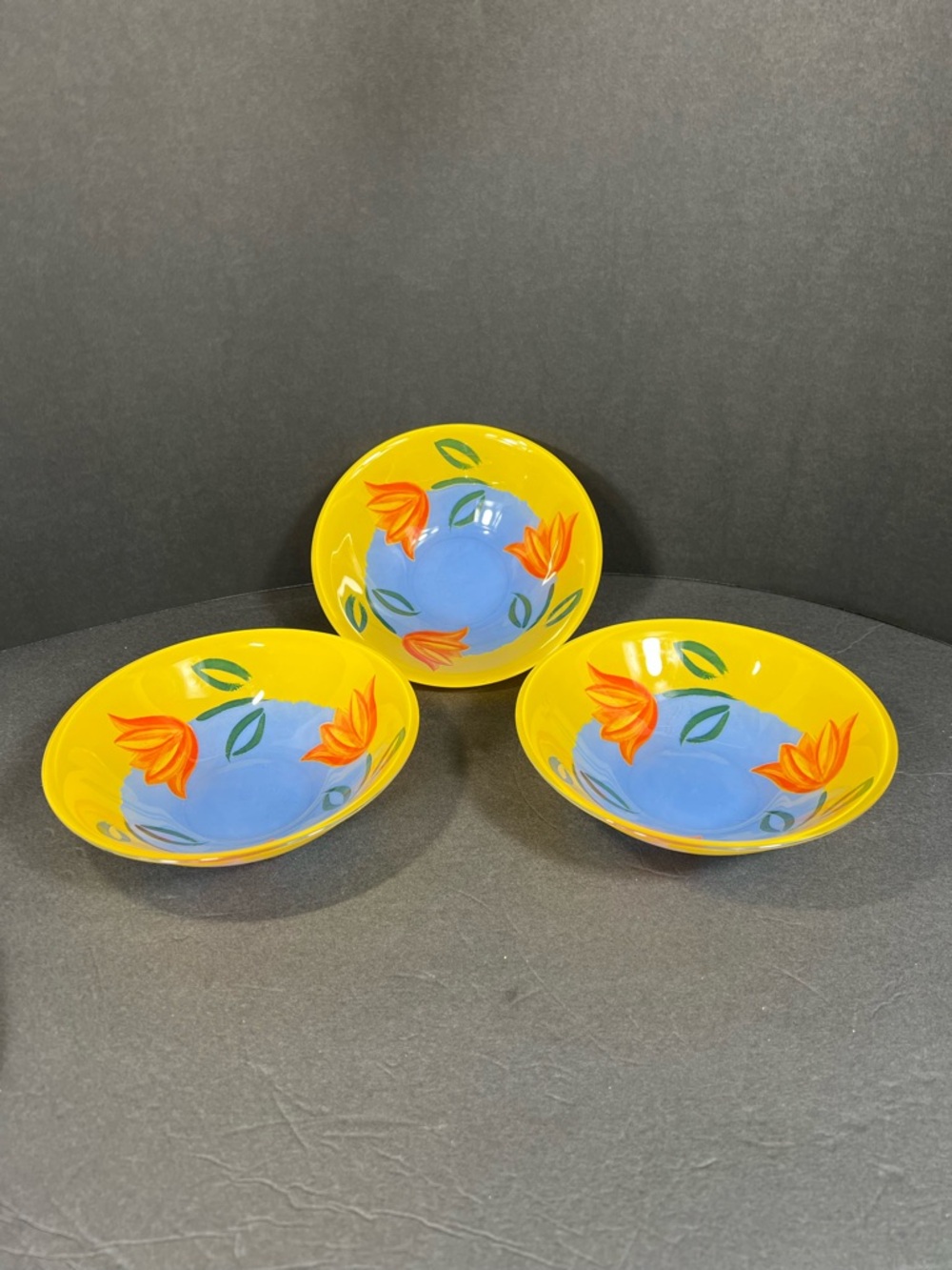 Arcoroc Fance Matys Set of 3 Glass Bowls Yellow Blue Orange Tulip Floral VTG